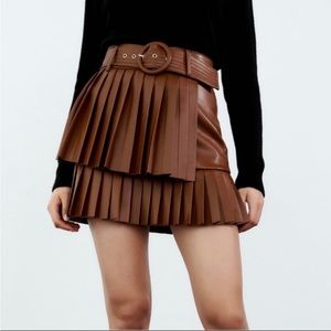 Zara brown leather pleated skirt
